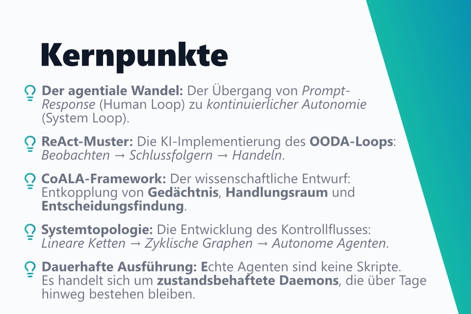 Die wichtigsten Erkenntnisse aus meinem Blogbeitrag in einer strukturierten Aufzählung: 1. Der Agentic Shift: Der Übergang von Prompt-Response (Human Loop) zu kontinuierlicher Autonomie (System Loop).  2. ReAct-Muster: Die KI-Implementierung des OODA-Loops: Observe to Reason to Act (Beobachten, um zu argumentieren, um zu handeln). 3. CoALA-Framework: Der wissenschaftliche Entwurf: Entkopplung von Gedächtnis, Handlungsraum und Entscheidungsfindung. 4. Systemtopologie: Die Entwicklung des Kontrollflusses: Von linearen Ketten über zyklische Graphen zu autonomen Agenten. 5. Dauerhafte Ausführung: Echte Agenten sind keine Skripte. Es handelt sich um zustandsbehaftete Daemons, die über Tage hinweg bestehen bleiben.